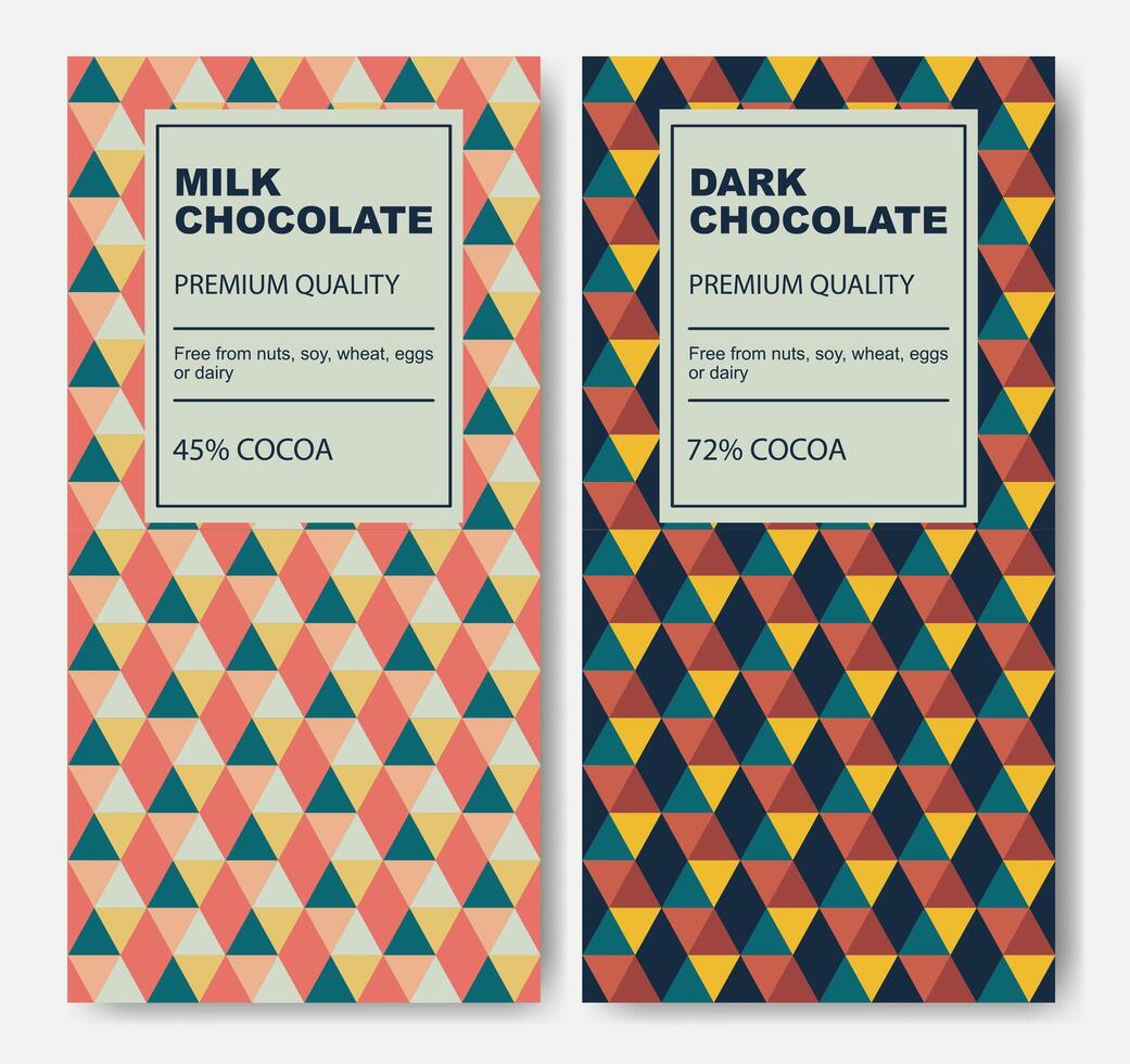 Organic dark and milk chocolate bar design. Abstract cocoa product packaging mockup vector