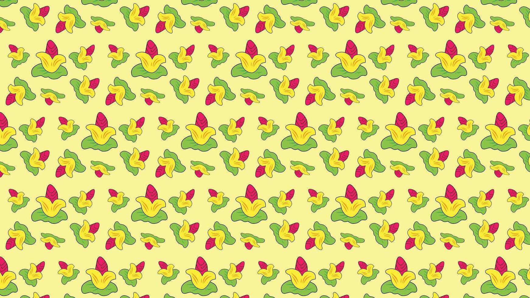 Seamless pattern featuring yellow flowers and green leaves, complemented by vibrant pink accents, on a light yellow background. Ideal for designs requiring cheerful and botanical themes. vector
