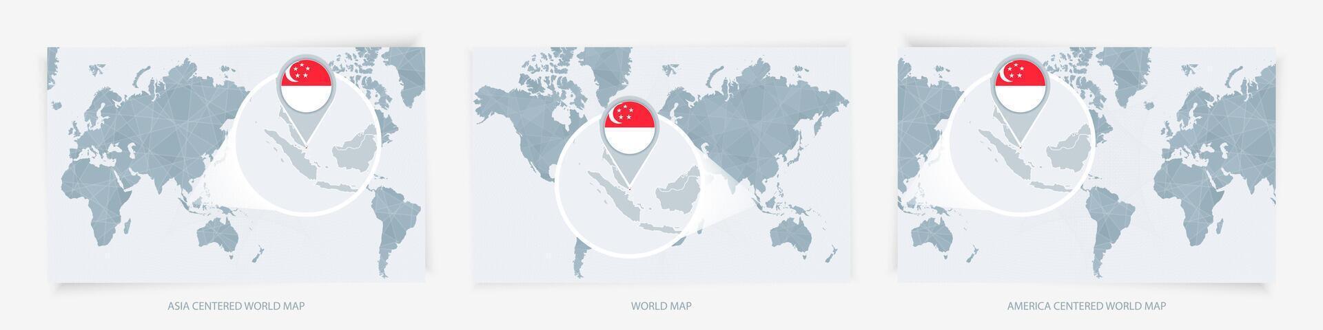 Three versions of the World Map with the enlarged map of Singapore with flag. vector