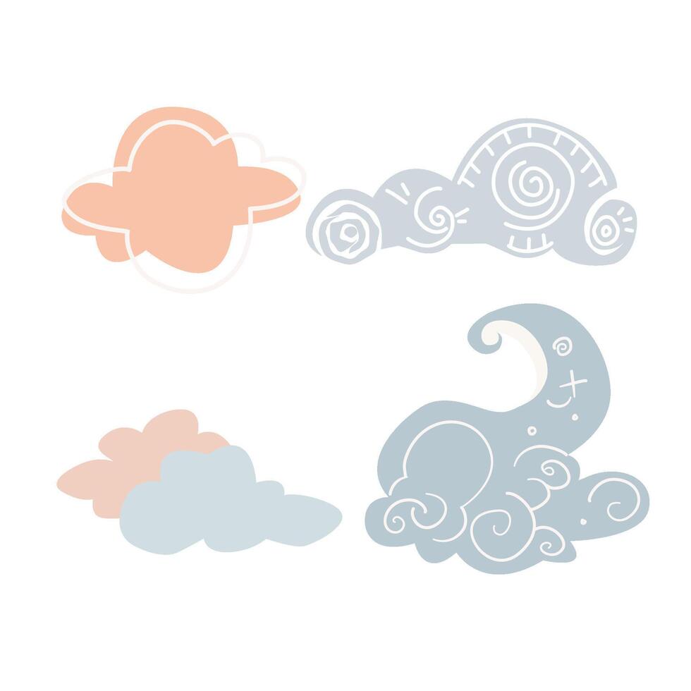 four decorative clouds combining warm peach and baby blue, perfect for use in childrens illustrations, nursery decor, whimsical stationery, or as a charming addition to creative projects vector