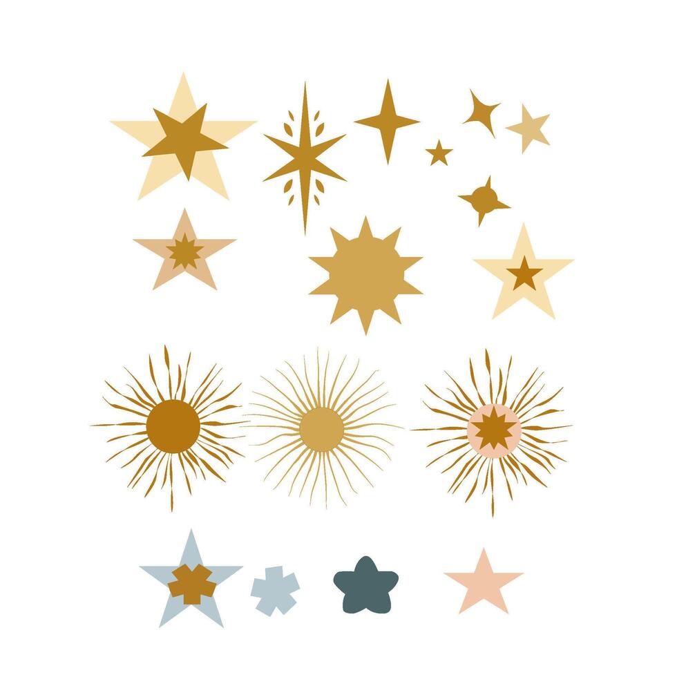 set of stars, starbursts, and sun in warm gold, soft beige, muted peach, deep teal, and light blue gray. fit for celestial themed projects, books illustration, pattern, stationery, wrapping paper vector