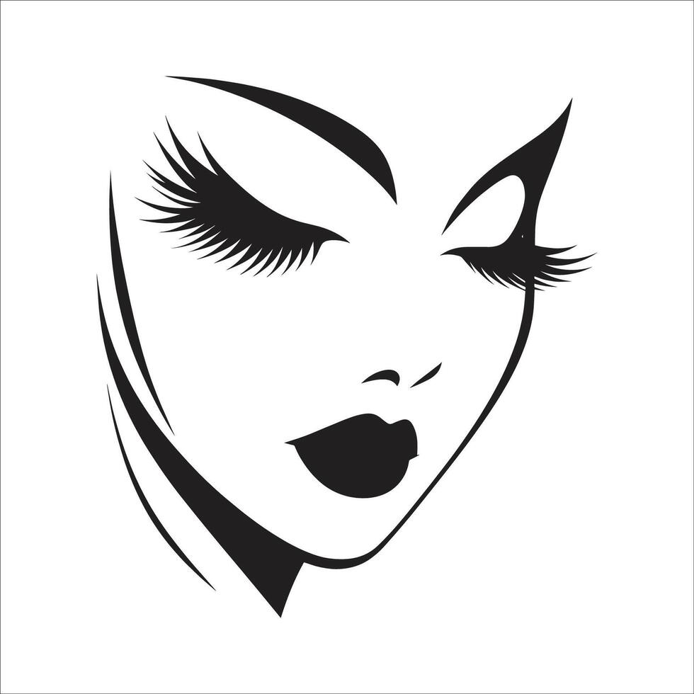 A Beautiful Woman Face With Black Lips, Lush Eyelashes Symbol Icon Silhouette Design On White Background vector