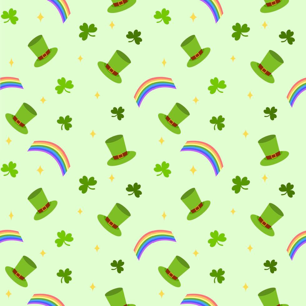 Saint Patrick day seamless pattern with shamrock clover leaves, rainbow and leprechaun hats vector