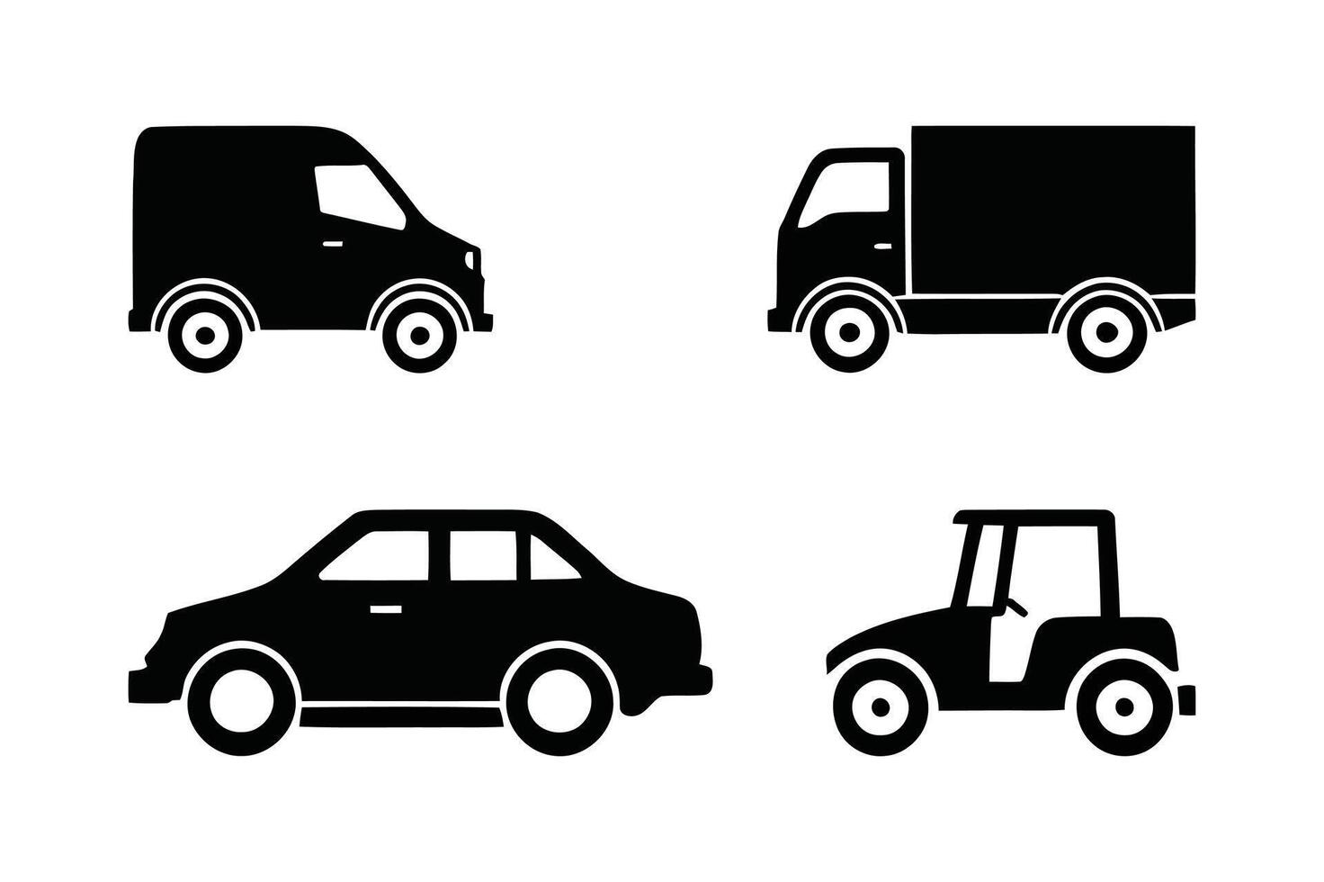 Vehicle Silhouette Set with Car, Truck, Van, and Tractor Icons vector