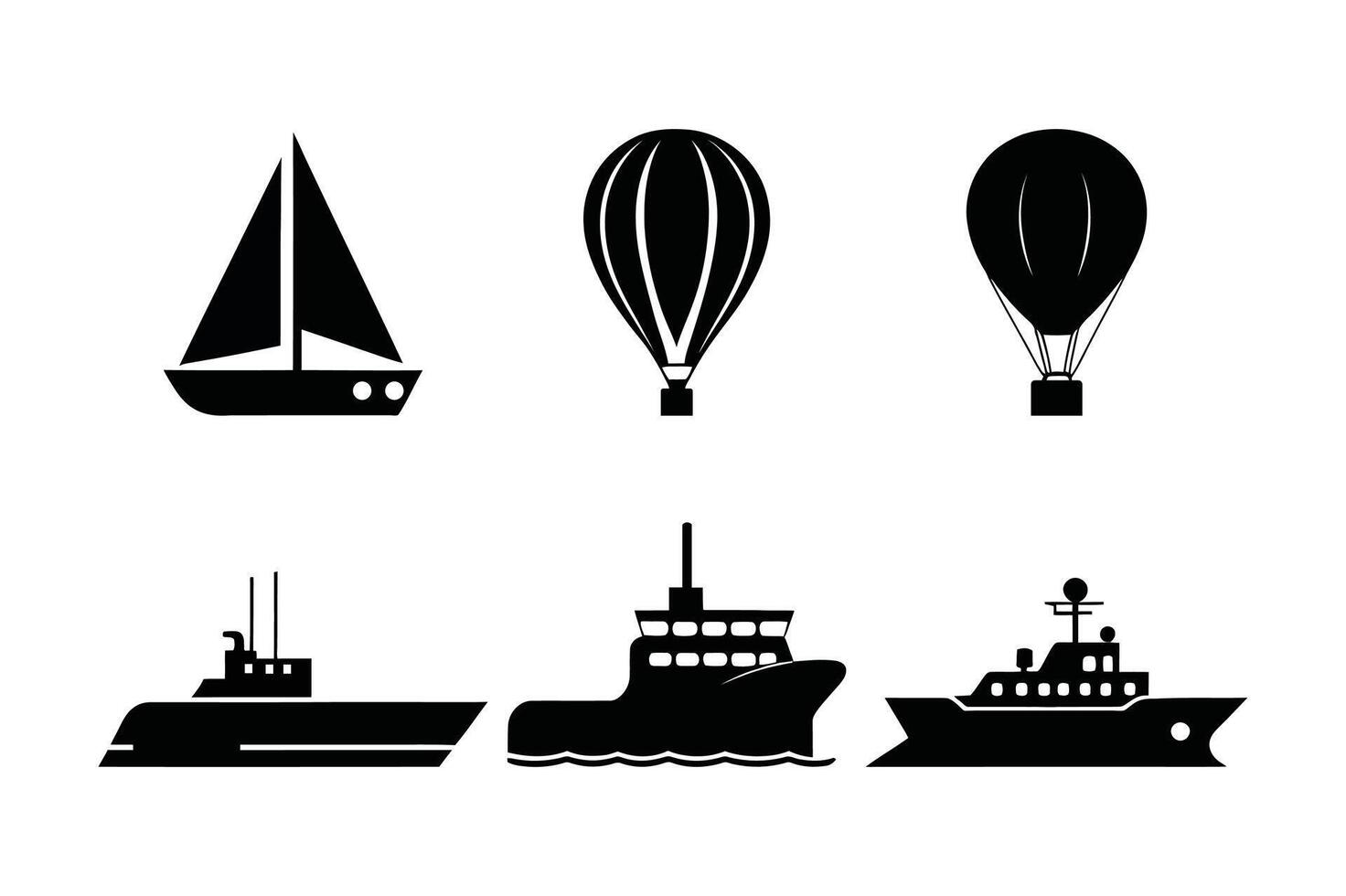 Set of Transport Icons Featuring Ships and Hot Air Balloons in Black Silhouette Design vector