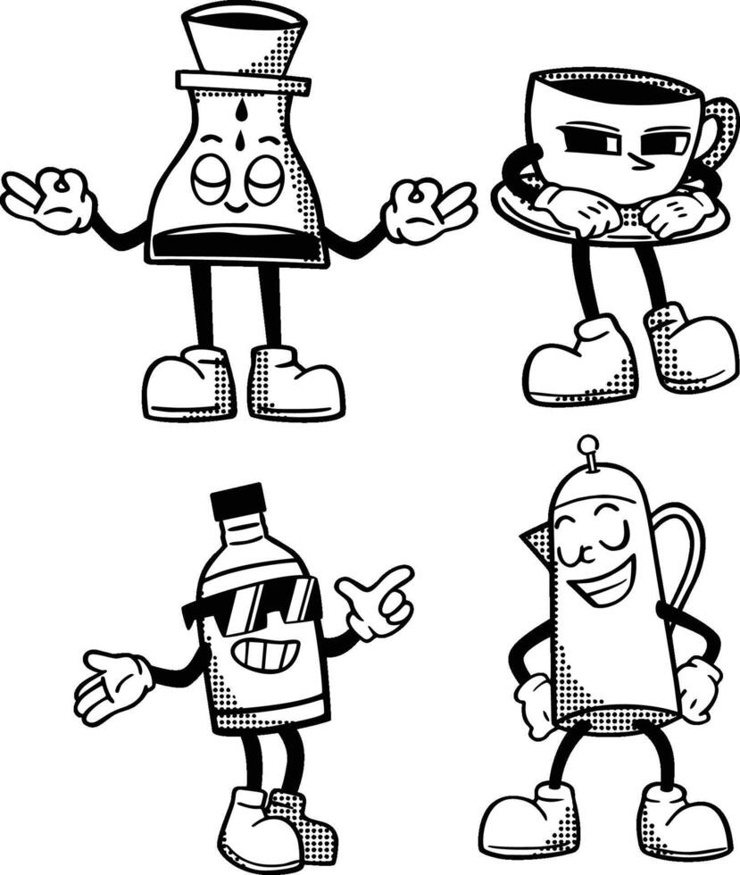 A collection of retro mascot illustrations showcasing coffee shop tools and equipment, featuring moka pots, coffee mugs, drippers, and takeaway cups. Ideal for branding vector