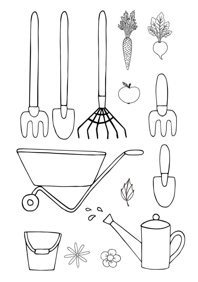 Set of hand drawn gardening equipment vector