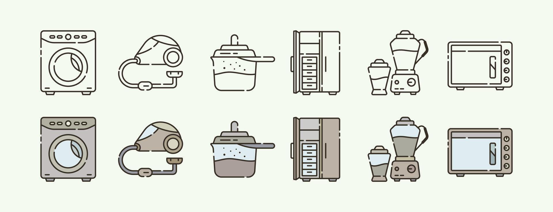 Home Appliance and Everyday Household Devices Icon Set with Outline and Color Variations vector