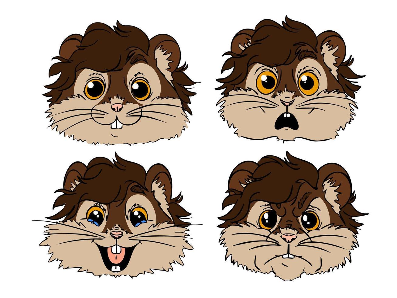 set of different emotions for hamster. Cute brown and beige hamster face calm, smiling, surprised, angry. vector