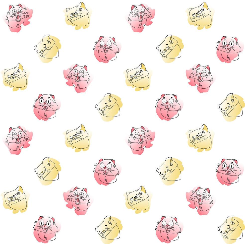 Cat meme pattern. Pink and yellow colors with black linart. Emotions of joke, humor, surprise, hopelessness, anger. vector