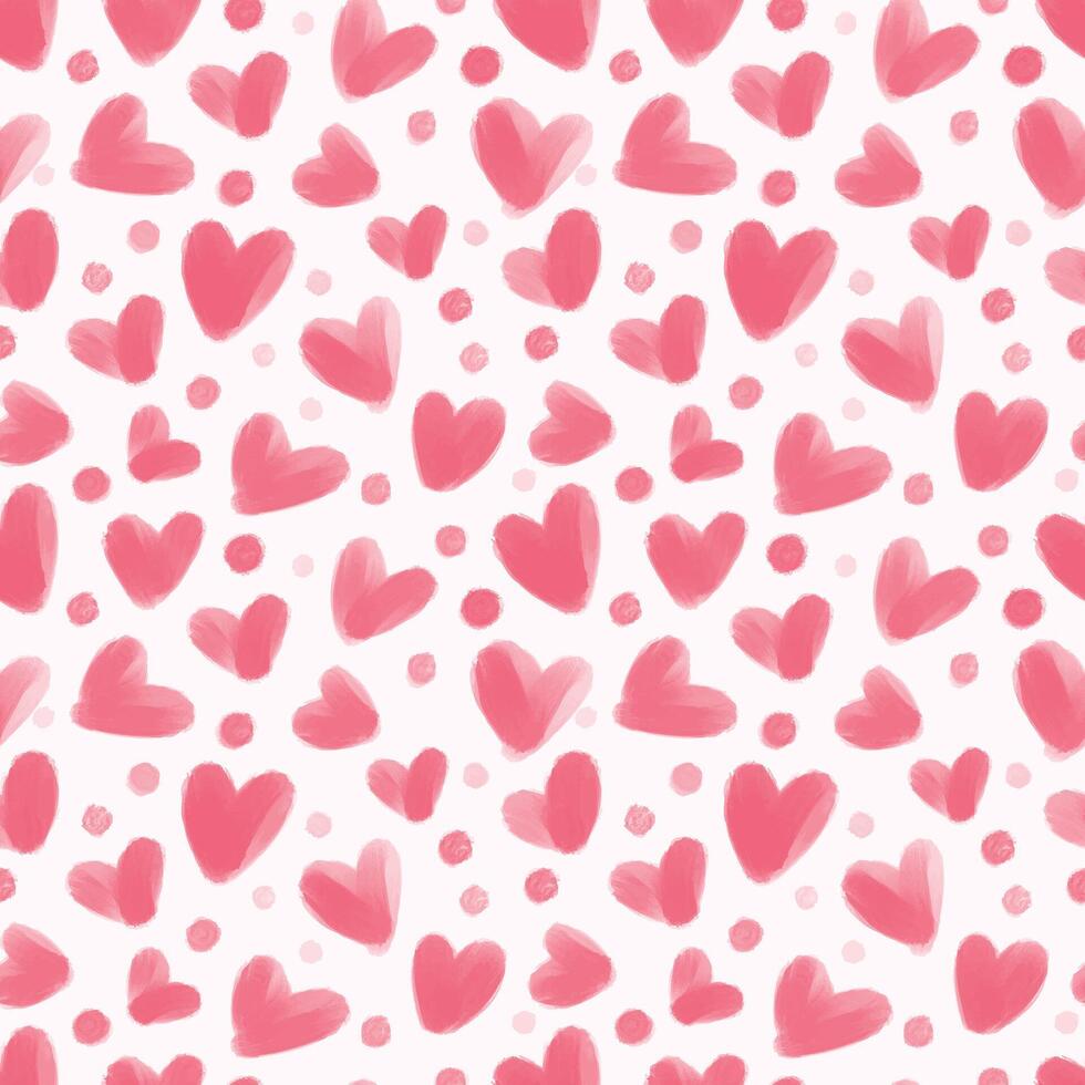 Pink watercolor hearts form a seamless repeating pattern. Artistic textured spots in the shape of doodle hearts, hand-drawn with a brush. A charming and endless chaotic background template. vector