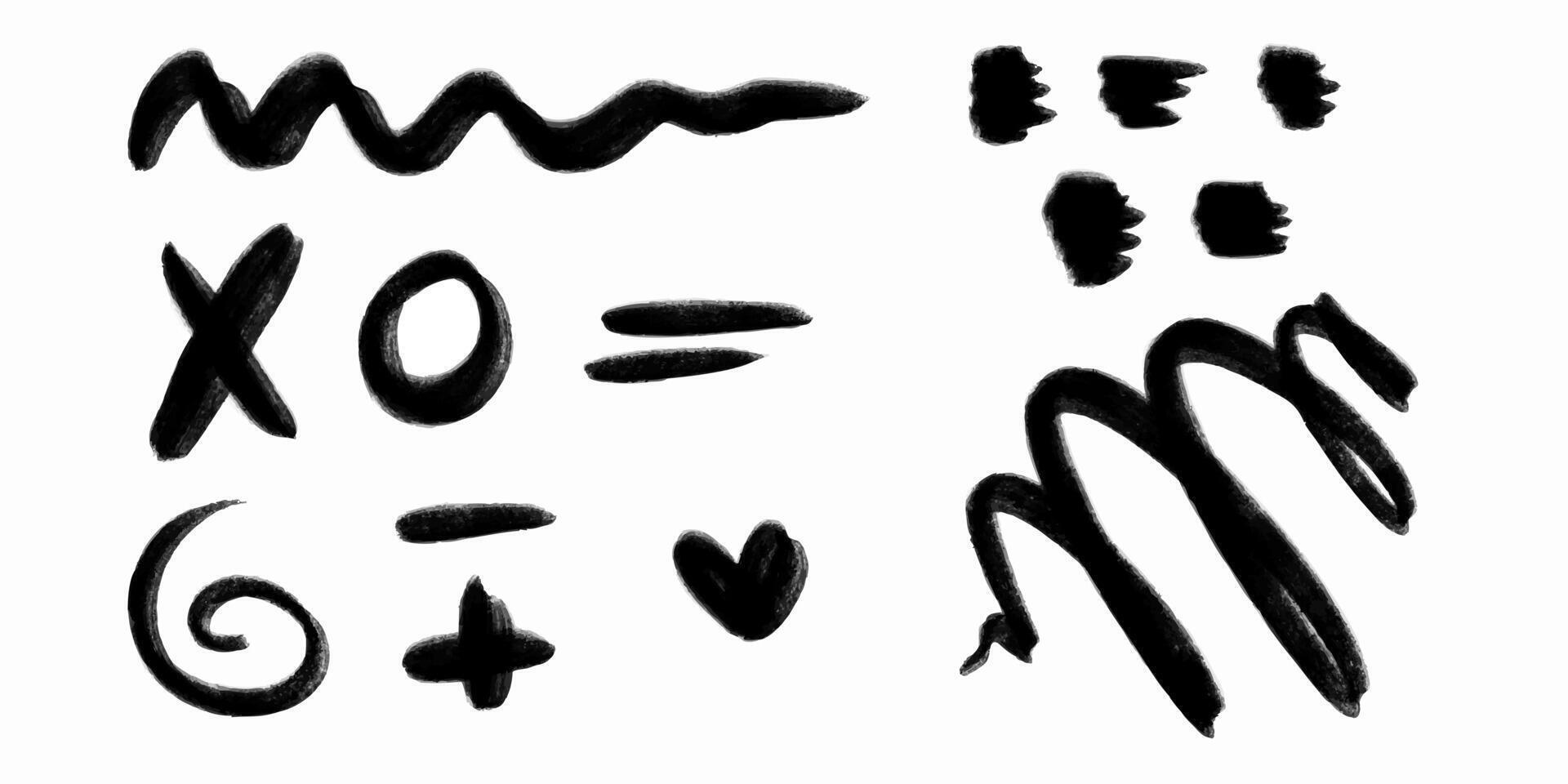 Hand drawn abstract doodles and squiggles, doodle style graffiti elements- circle, cross, spring and heart. Bold brush-painted elements. Symbols for collages and templates. vector