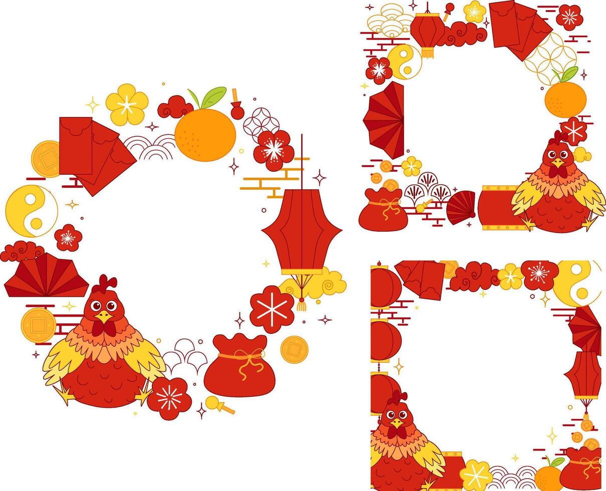 Chinese New Year icons, symbols and decorations circle round frame set. Line art lanterns, flowers, clouds and frames. illustration year of Rooster 2029 vector