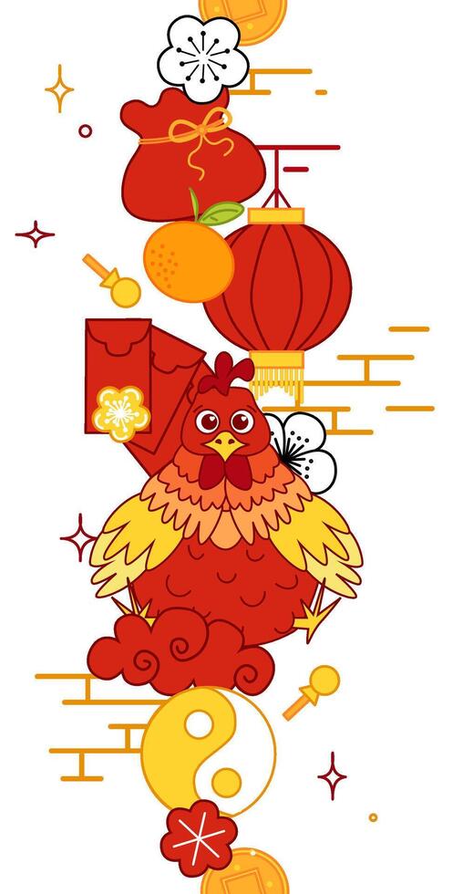 Chinese new year vertical seamless border. 2029 year of rooster lunar lantern festival mascot. Asia oriental traditional ornament, frame and border. Graphic line illustration vector