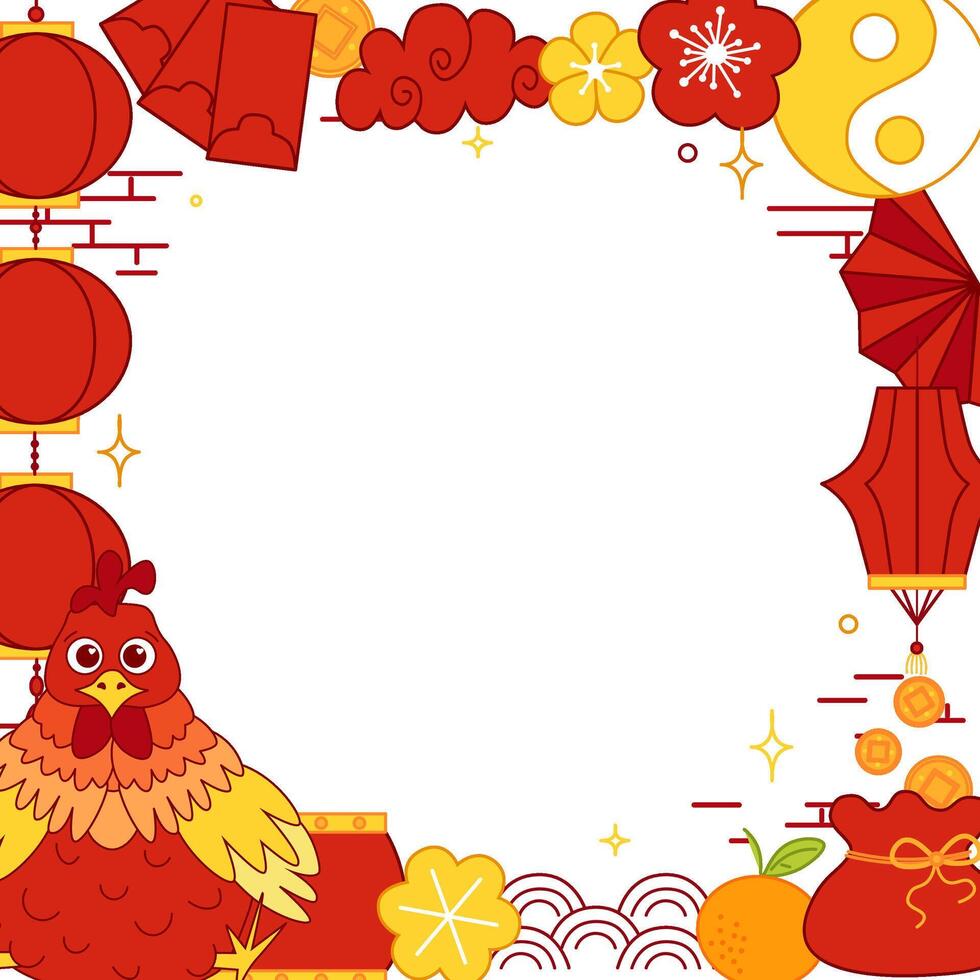 Happy Chinese new year 2029 rooster. Lunar new year lantern festival square frame template for show product. Greeting card. graphic line illustration vector