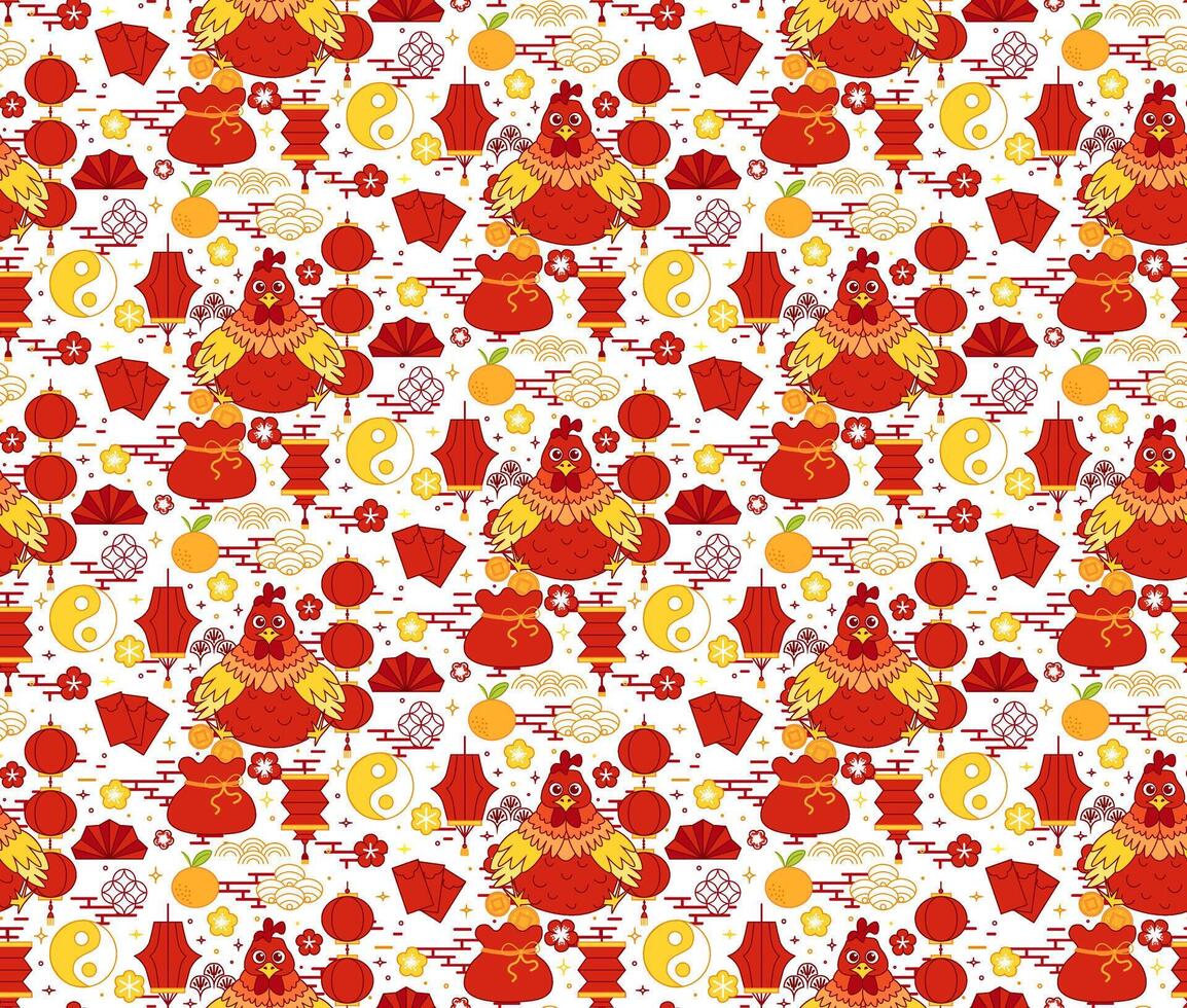 Lunar New Year rooster 2029 seamless pattern Holiday card design. Hand drawn illustration. Decorative graphic line style. vector