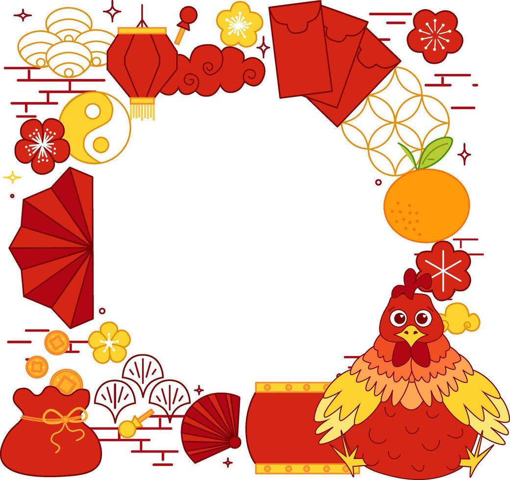 chinese new year traditional elements with rooster 2029 circle round frame in graphic line style. template for your text. lunar lantern festival vector