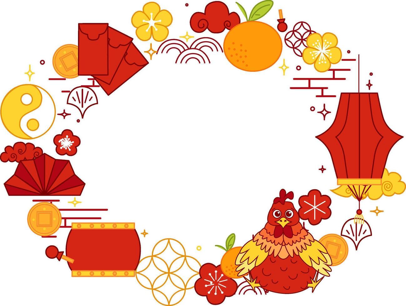 Chinese Lunar New Year, lantern festival 2029 rooster. Oval frame template graphic line for your text vector