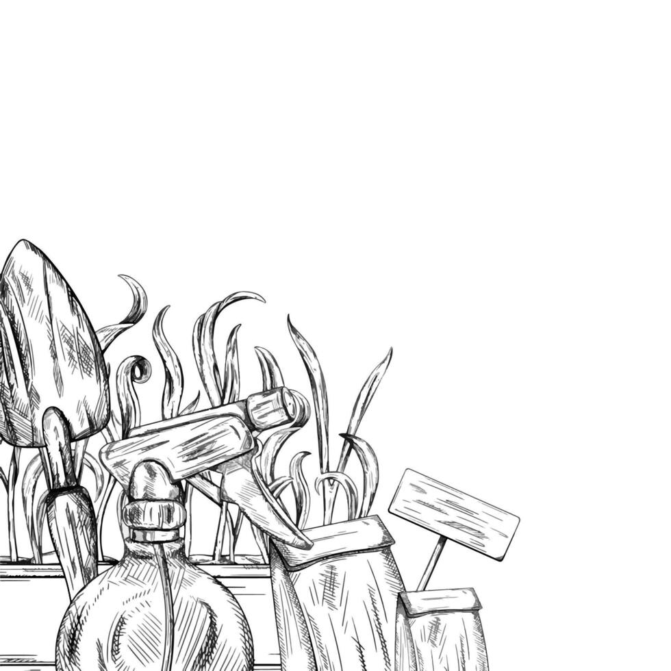 border of farmers tools shovel, sprayer, seeds, boxes of greens in black ink graphically. Equipment for gardens, greenhouses and florists. Agriculture, cultivation of plants and flowers vector