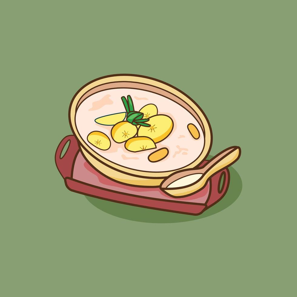 Kolak Pisang illustration, traditional Indonesian dessert with bananas and coconut milk with spoon vector