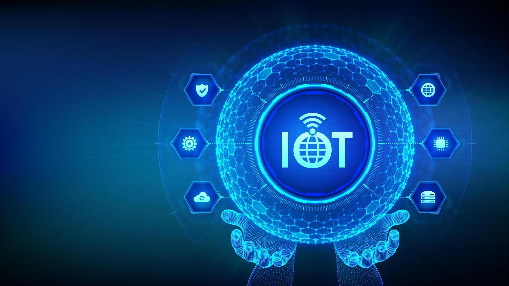 IOT. Internet of things. Everything connectivity device concept network, and business with internet. 3D sphere with surface of hexagons with IOT icon in wireframe hands. vector