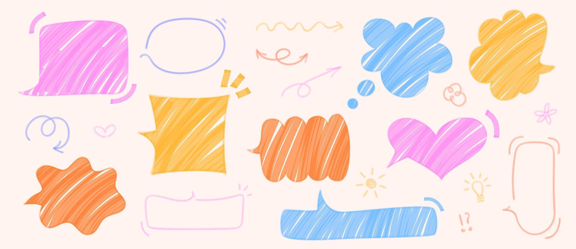 Set of hand drawn doodle speech bubbles in various shapes. Marker pen texture, outline text boxes, frames, dialog balloons, arrows, text clouds in kids drawing style. Creative comic design elements. vector