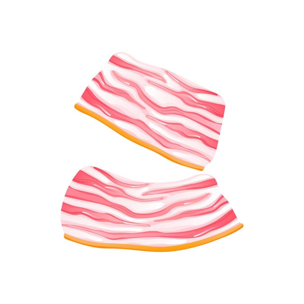 Raw bacon slices in flat design. Butcher product of pork meat and fat. illustration isolated. vector