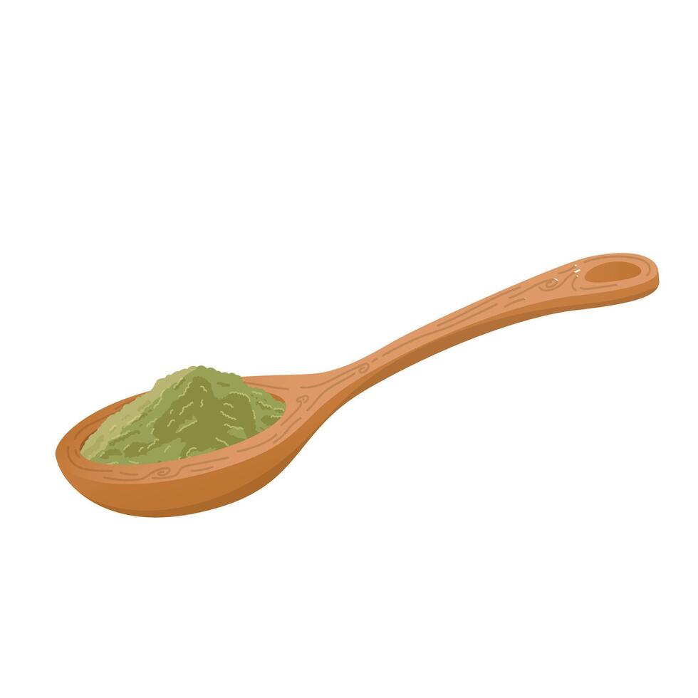 Green spice in spoon in flat design. Cooking condiment, bay leaf or matcha powder. illustration isolated. vector