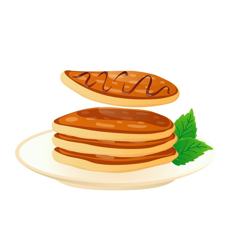 Pancakes stack with syrup in flat design. Morning pastry with chocolate. illustration isolated. vector