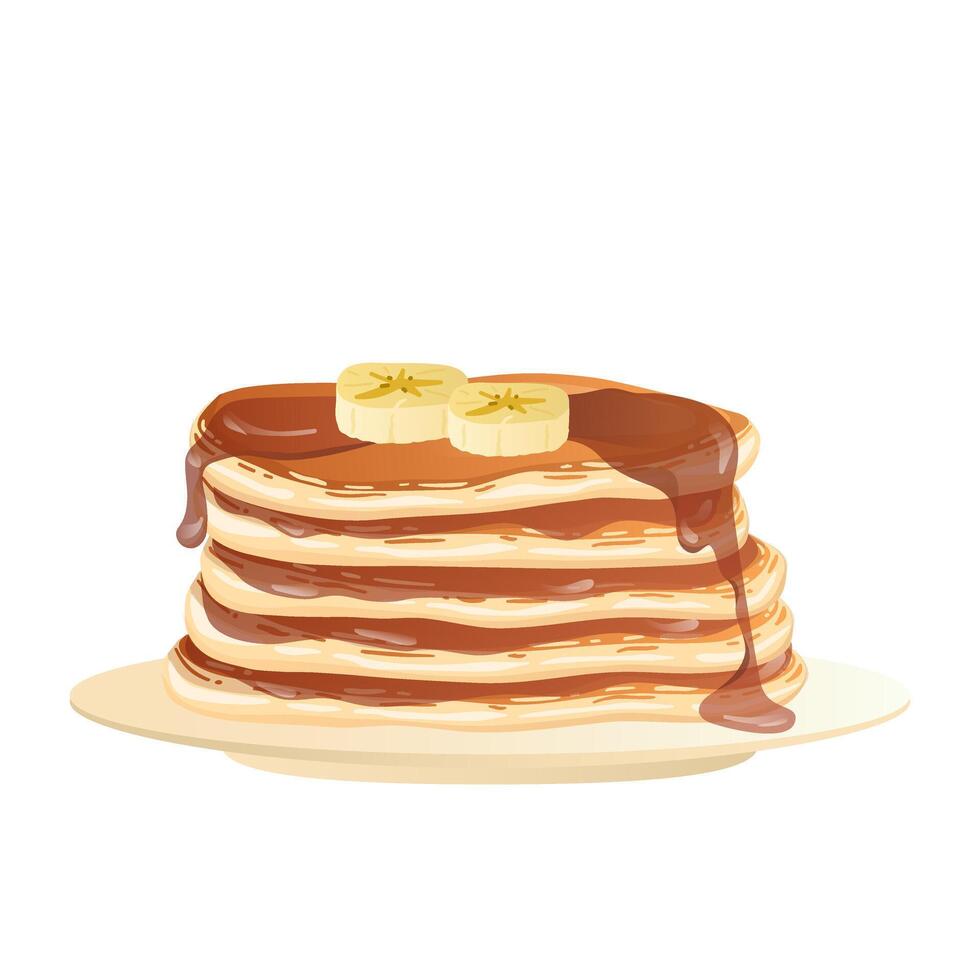 Pancakes with maple syrup in flat design. Morning pastry with banana slices. illustration isolated. vector