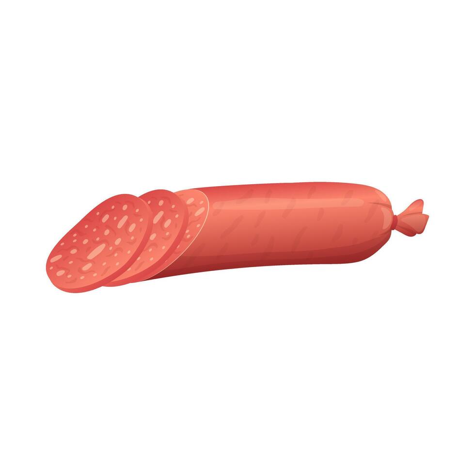 Salami with slices in flat design. Deli sausage with pieces, butcher product. illustration isolated. vector