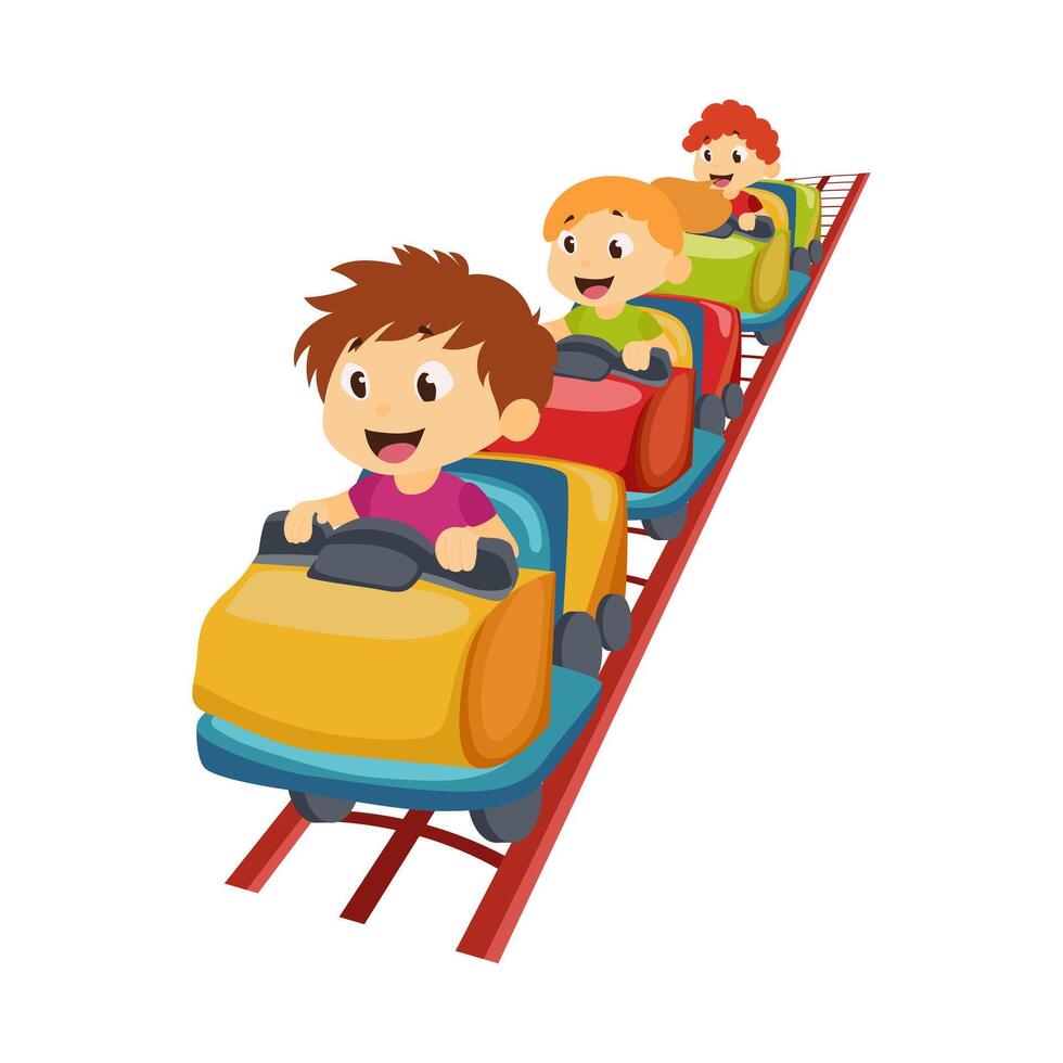 Children at roller coaster in flat design. Laughing kids enjoying attraction. illustration isolated. vector
