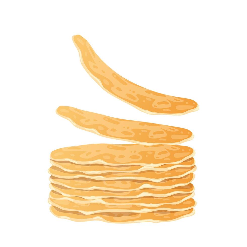 Pancakes stack in flat design. Pile of sweet morning snacks, homemade pastry. illustration isolated. vector