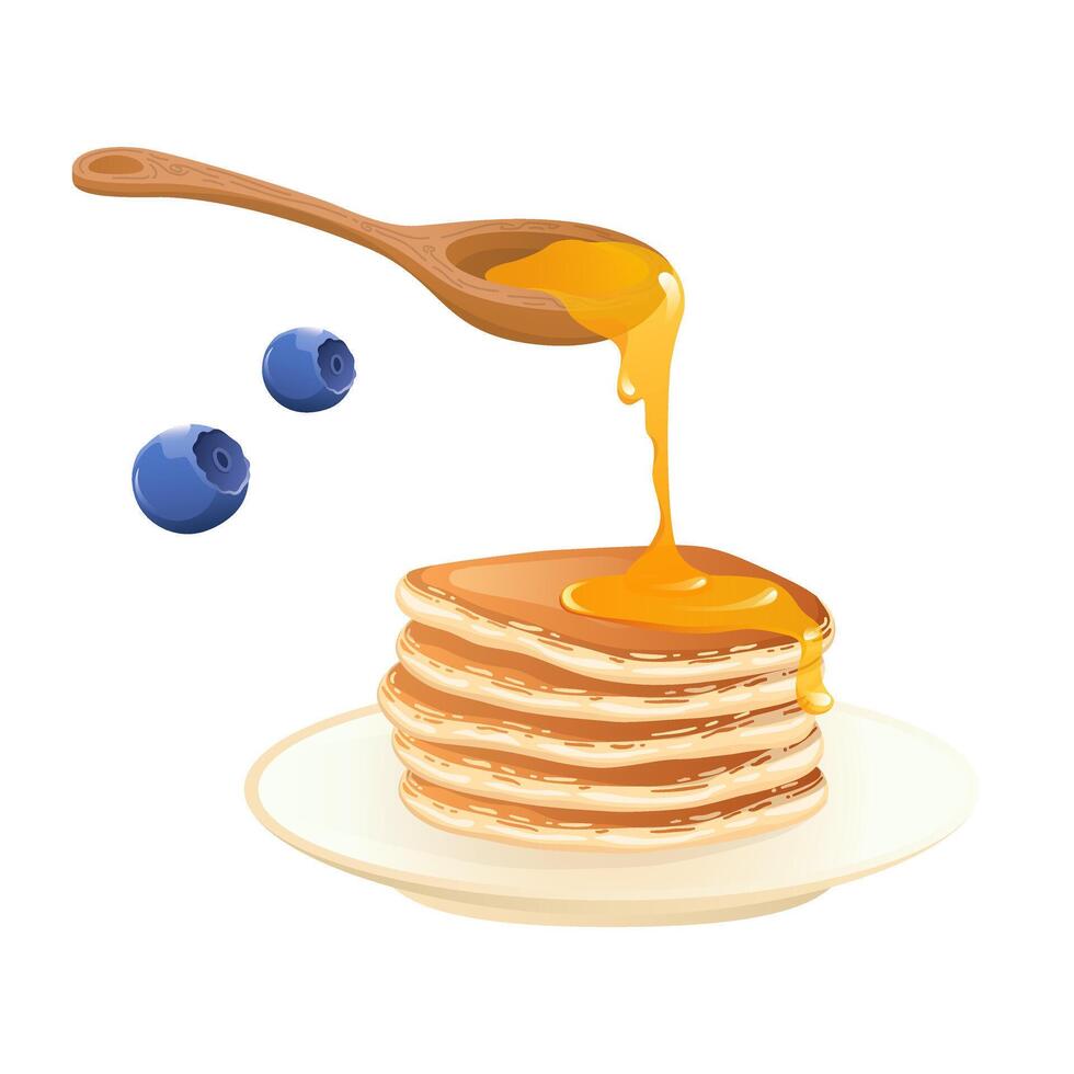 Pancakes stack with honey in flat design. Morning pastry with blueberry. illustration isolated. vector
