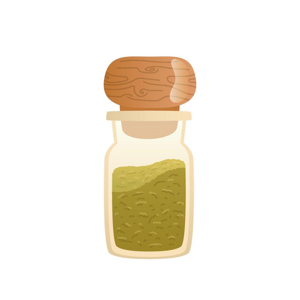 Green spice in bottle in flat design. Aromatic dry powder condiment. illustration isolated. vector
