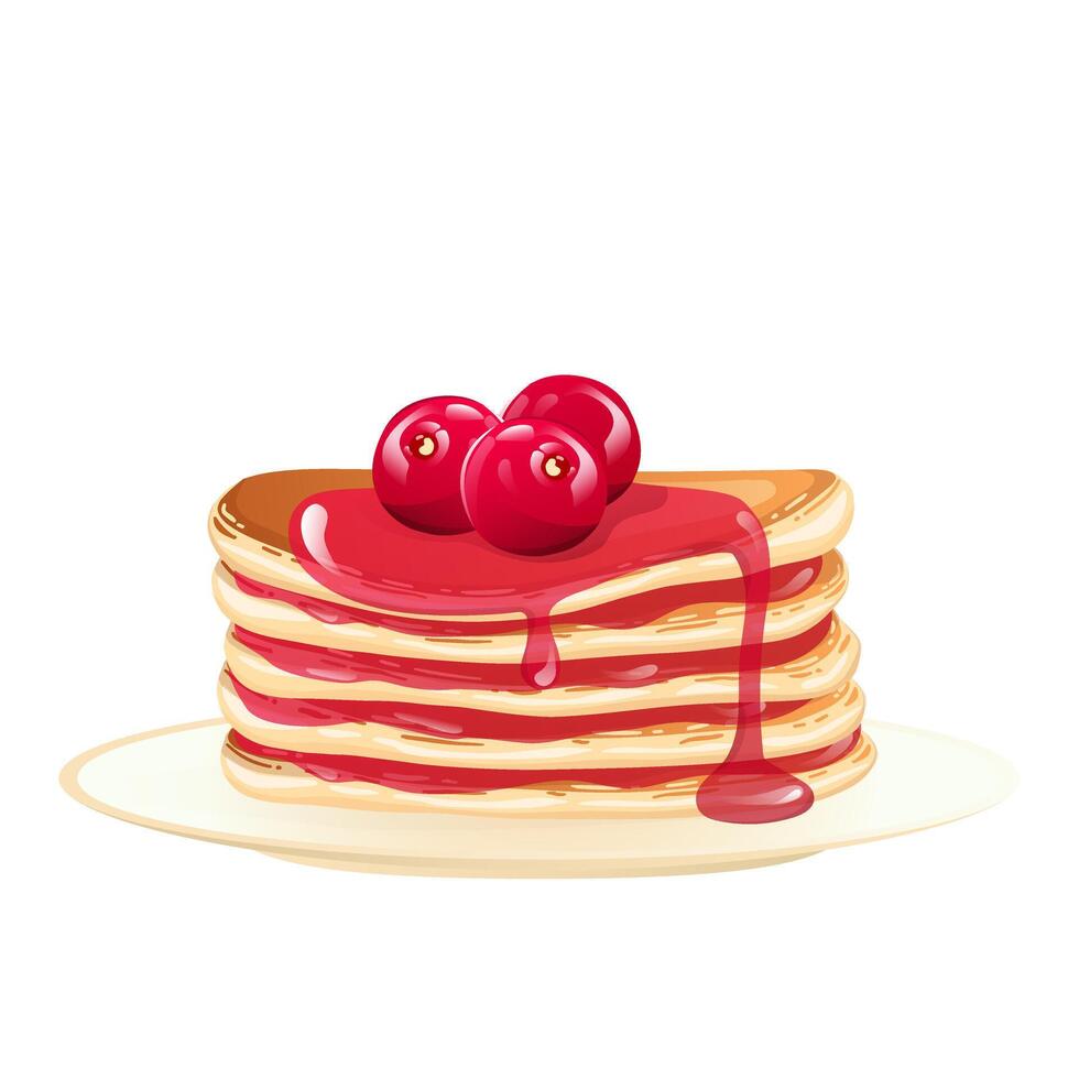 Pancakes with cranberry syrup in flat design. Stack of sweet morning snacks. illustration isolated. vector