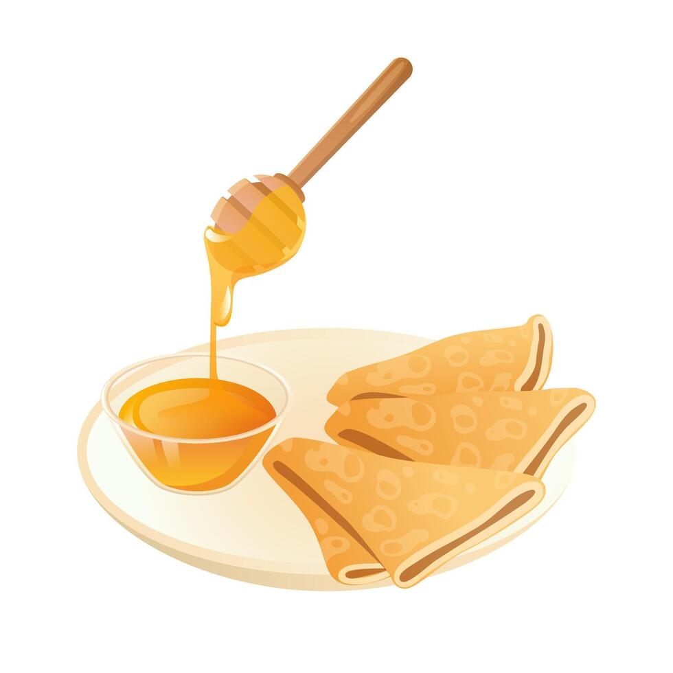 Pancakes with honey in flat design. Sweet homemade meal with syrup in bowl. illustration isolated. vector