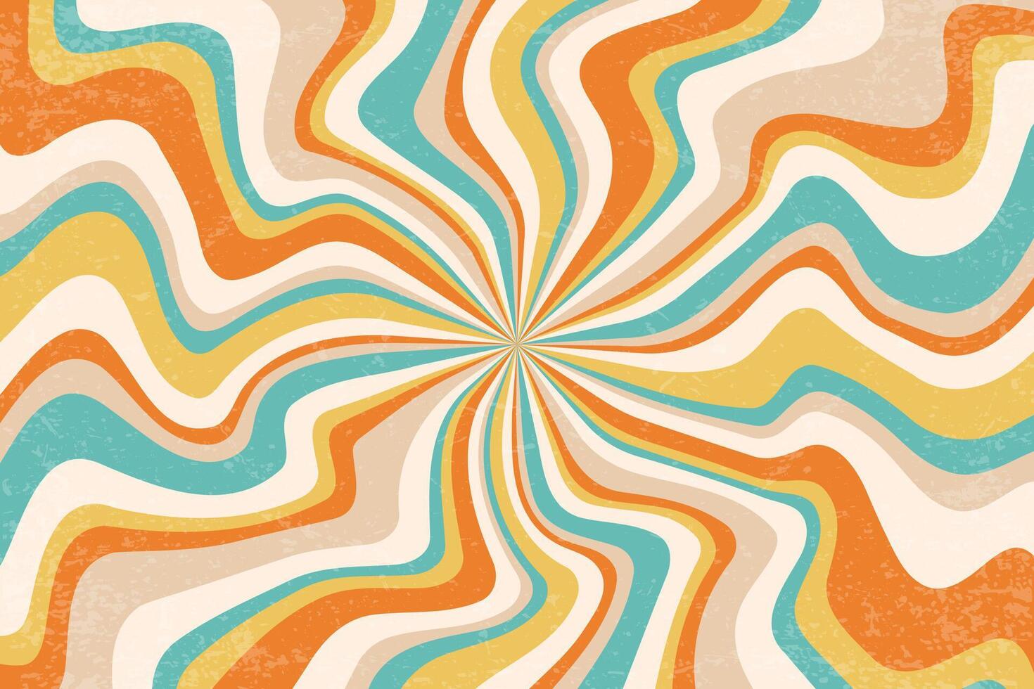 Retro spiral rays background. Groovy swirl radial sun beams. Vintage psychedelic striped funky bg. Cream colored 70s design wallpaper. Hypnotic curve wallpaper vector