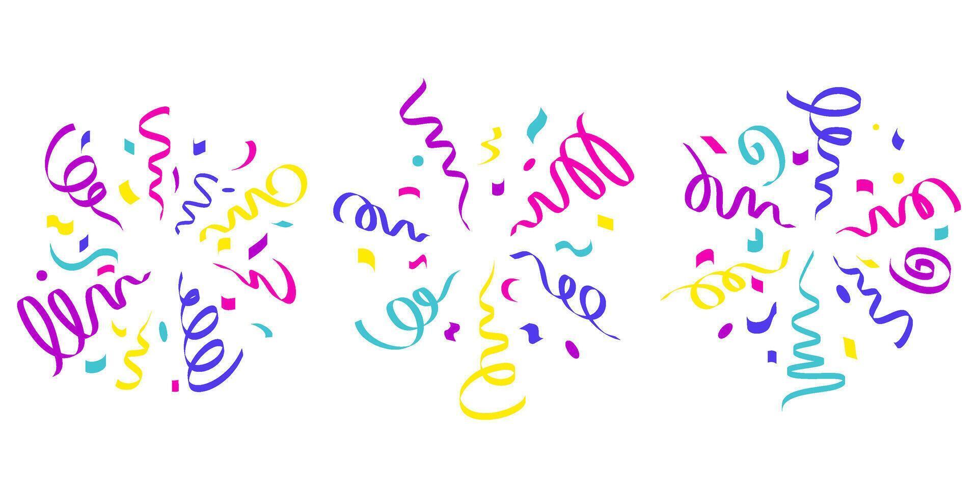 Confetti explosion. Radial elements for birthday party and carnival celebration on white background. Falling colored serpentine and burst of firework for surprise and gift decoration vector