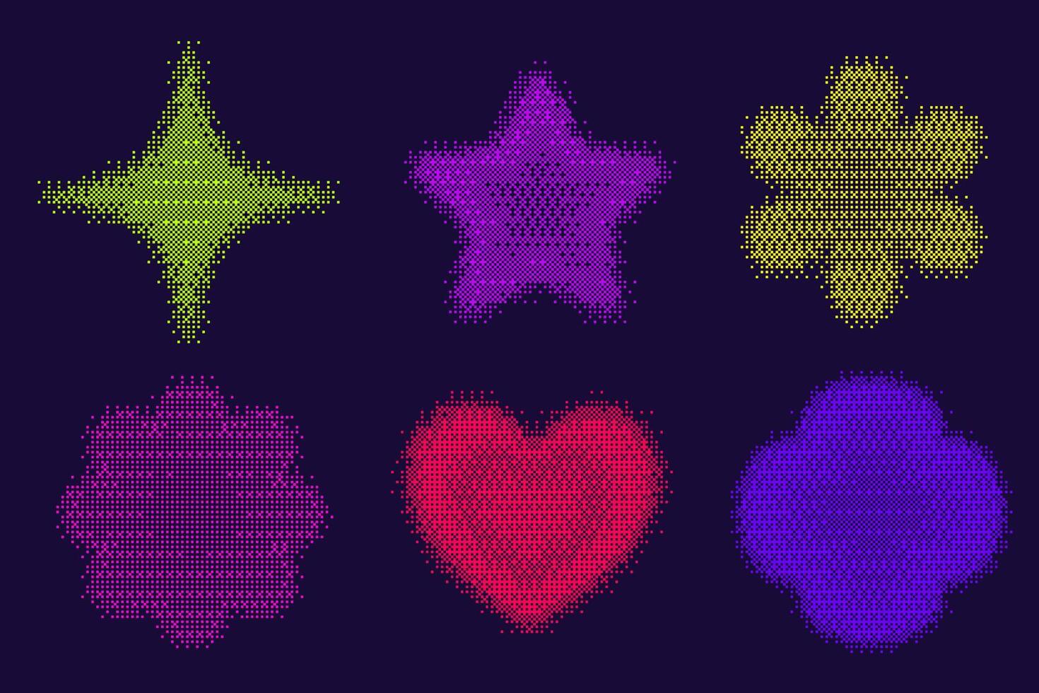 Bitmap pattern shapes. Heart star and flowers halftone gradient elements on dark background. Y2k graphic abstract icons. Dither noisy star with grunge texture vector