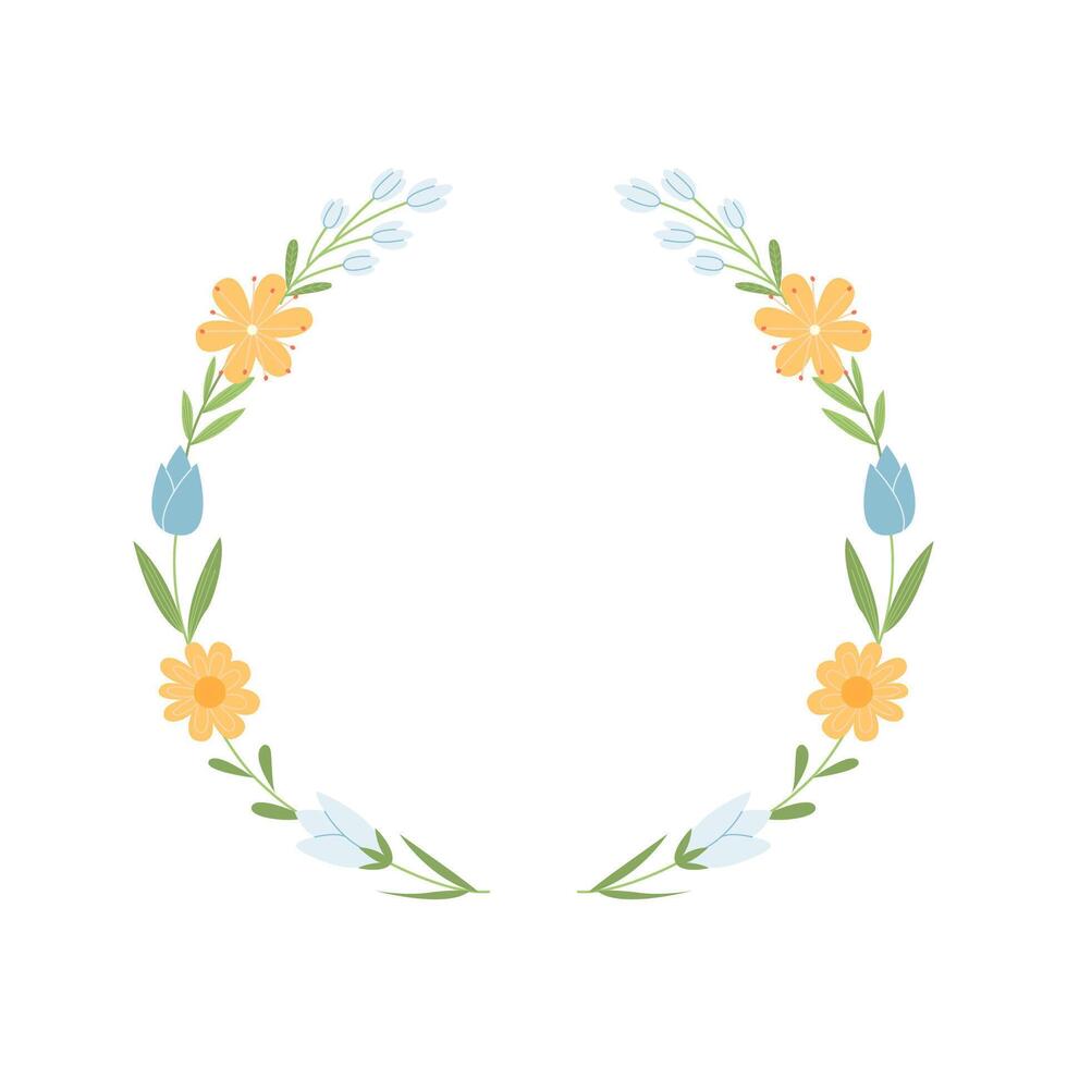 Hand drawn wreath with cute spring wildflowers and branches. Floral round frame for greeting cards, wedding, invitation vector