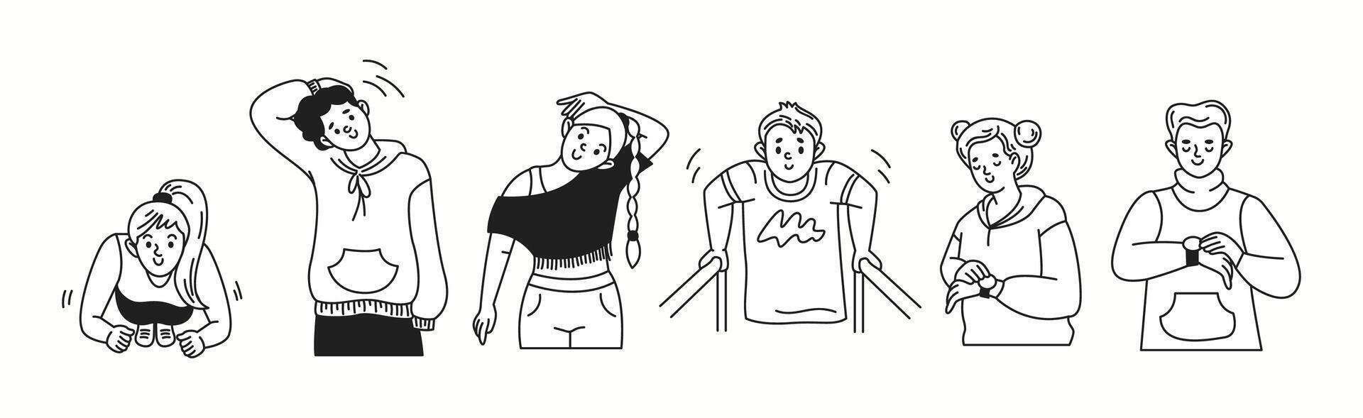 Doodle characters perform warming up exercises linear icons collection. People promote healthy lifestyle doodle characters set on white vector
