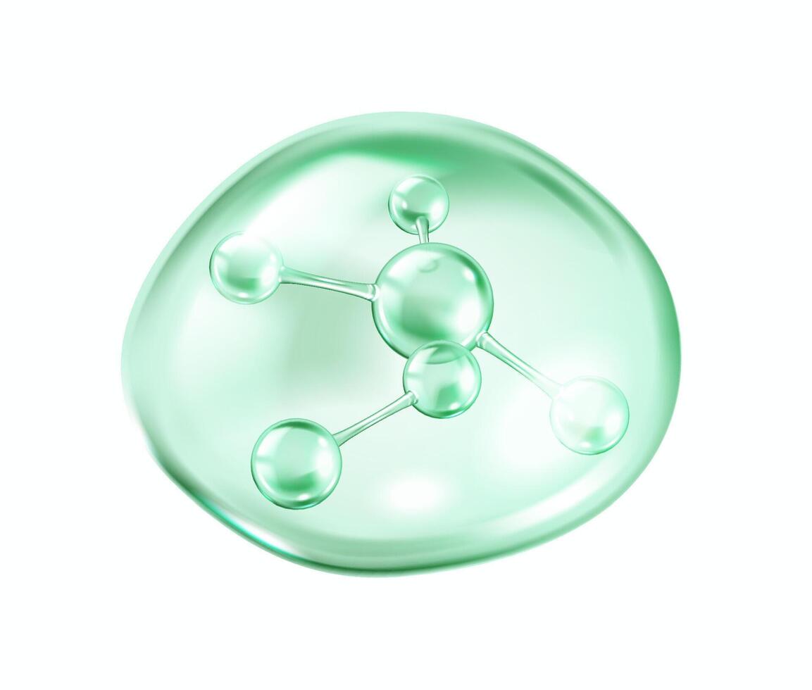 Collagen molecular structure in translucent green sphere realistic illustration. Regenerative skincare properties 3d object on white vector
