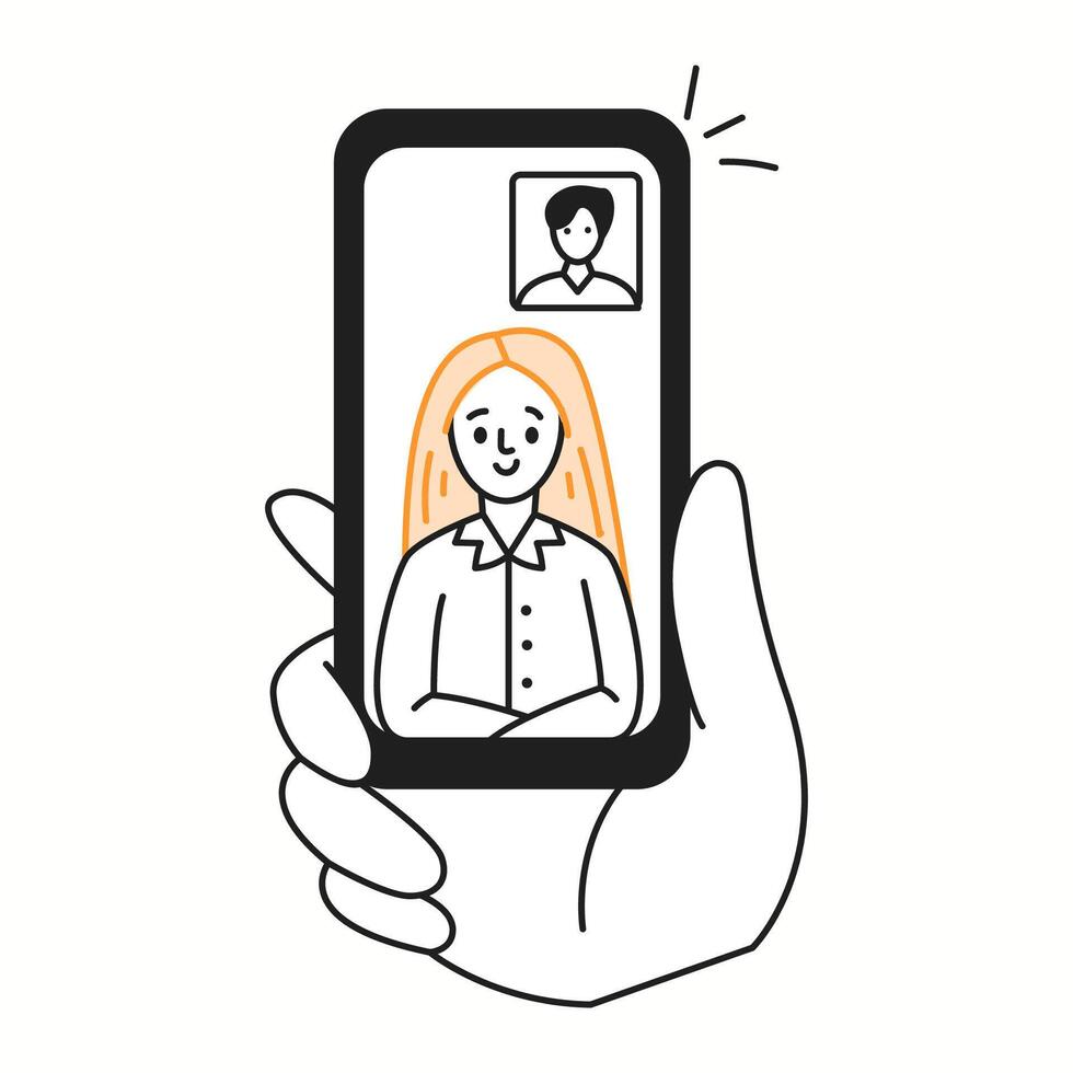 Business people engaging in call orange color linear icon. Using smartphone for online meeting doodle characters thin line illustration vector