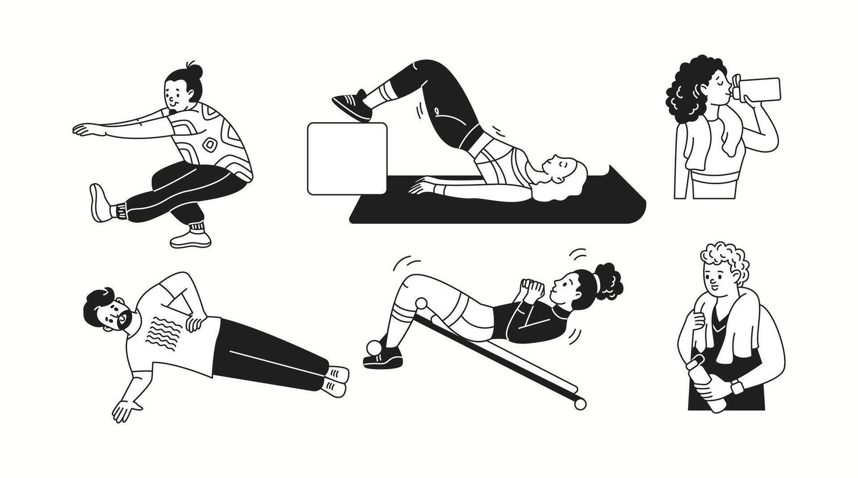 Sportive people perform fitness exercises linear icons collection. Sportspeople enjoy active workout in gym doodle characters set on white vector