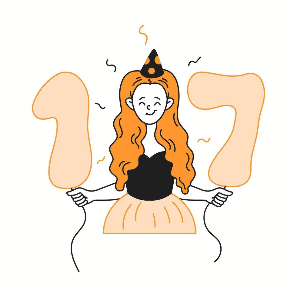 Happy teenage birthday girl holding seventeen number color linear icon. Teenager with festive balloons character doodle simple illustration vector