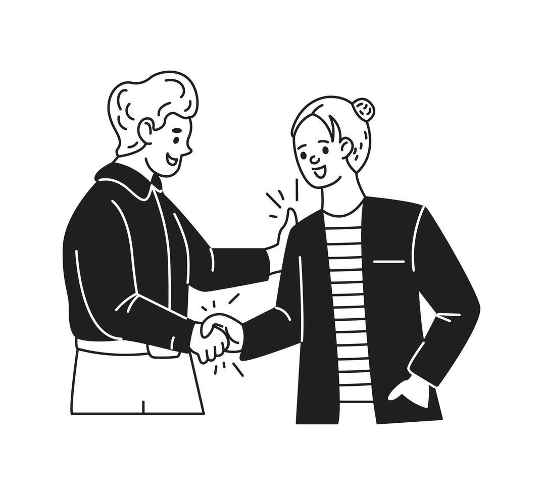 Happy business people shaking hands linear icon. New employee onboarding by colleague in office doodle characters thin line illustration vector