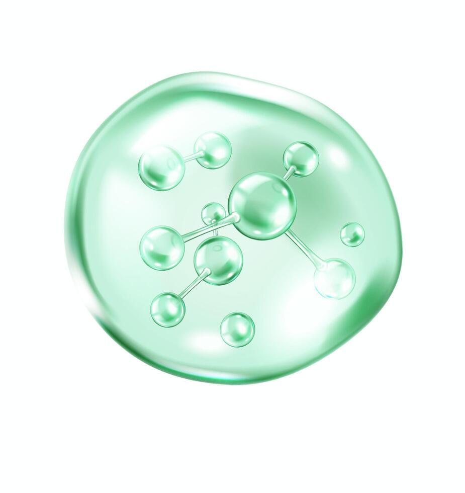 Collagen molecules floating in green bubble realistic illustration. Skincare and beauty products 3d object on white vector