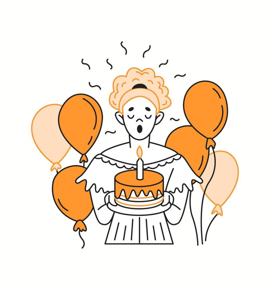 Woman blowing candle on birthday cake orange color linear icon. Lady with balloons making wish for holiday character doodle simple illustration vector
