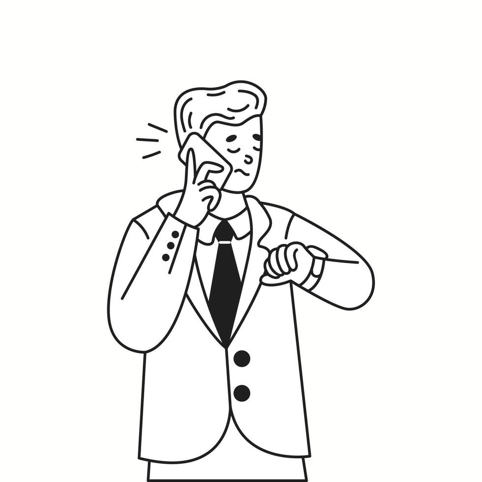 Stressed businessman talking on phone and checking time on wristwatch linear icon. Feeling impatient man doodle character thin line illustration vector